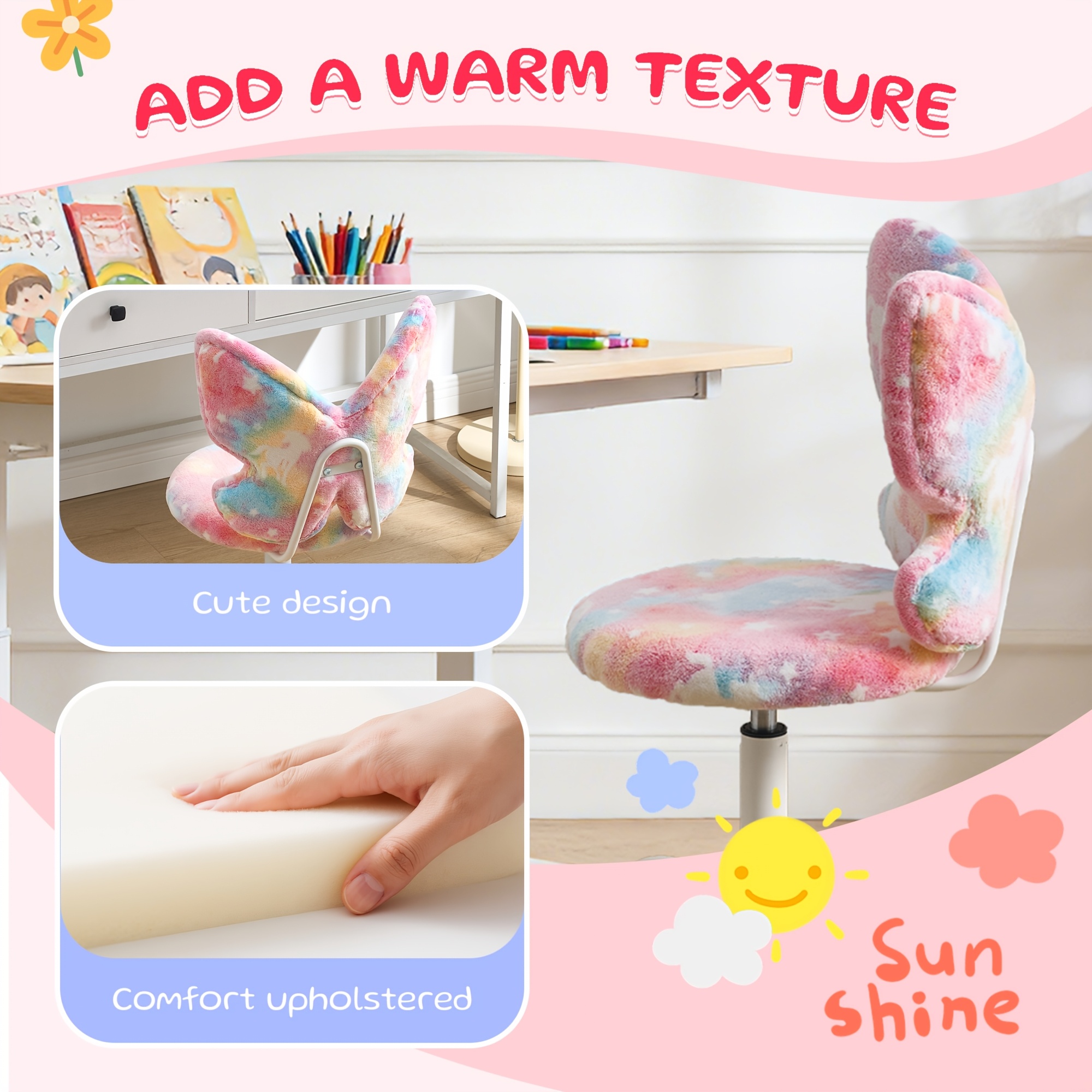 Girls Desk Chair - Comfy Swivel Kids Desk Chair for Girls Room, Fluffy Butterfly Kids Office Chair for Reading & Vanity