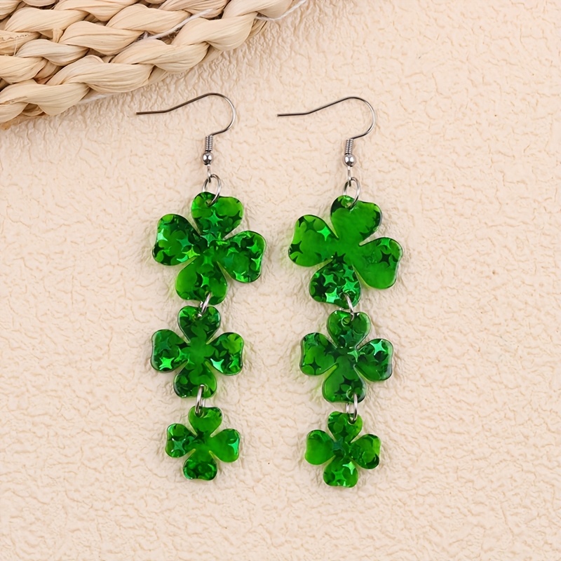 TEMU 2pcs 's Day Design Green Long Clover Acrylic Earrings, Fashionable And Creative Earrings, Party And Festival Celebrations