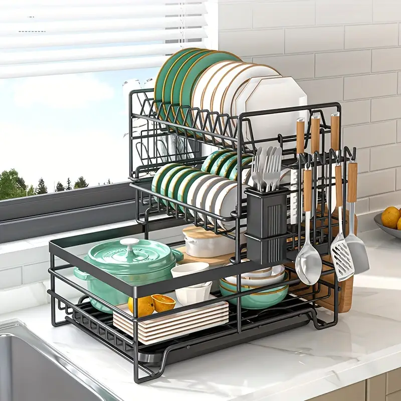 1pc of tableware drying rack multifunctional rust proof tableware drain kitchen organizers and storage suitable for kitchen countertops with leak proof nozzles for drainage pipes large tableware rack cup holder black Product details 0