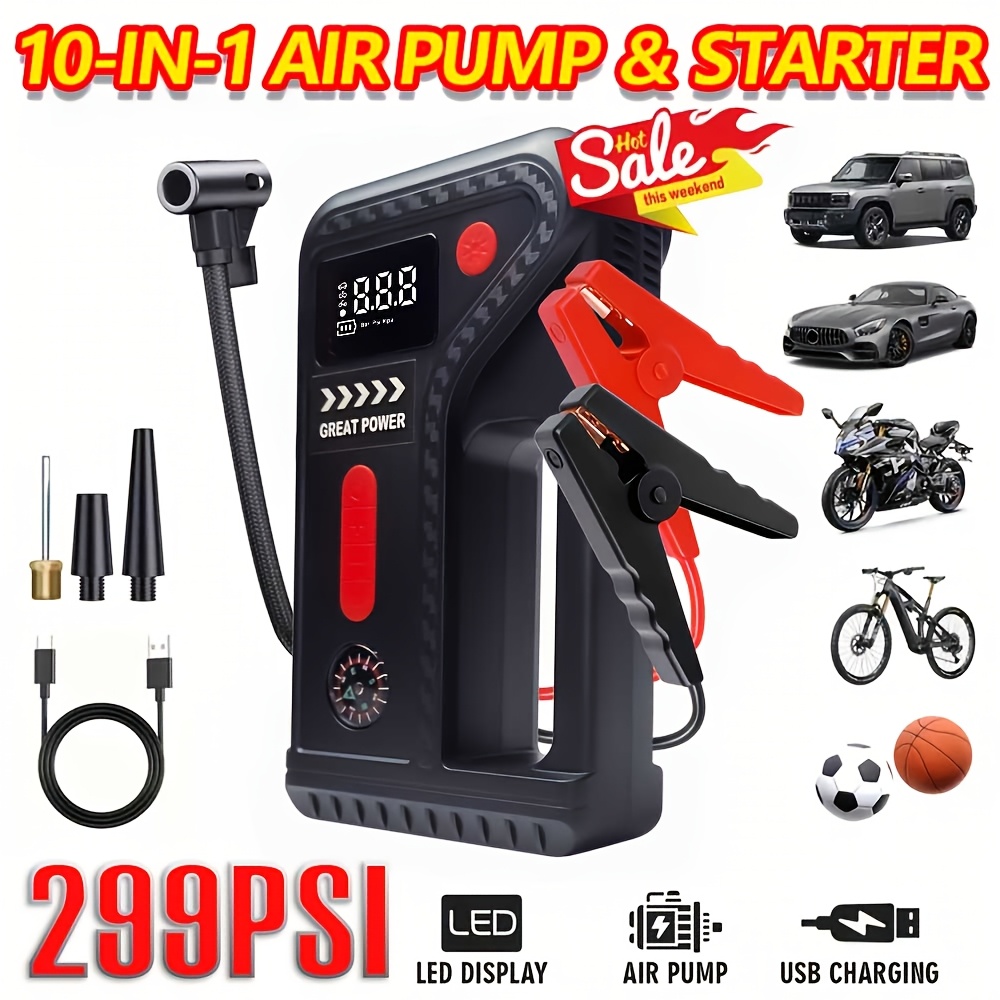 TEMU A 15000a10 Unit With A Portable Emergency That Includes An Air Compressor And Tire Inflator Pump, Of Handling 2.38 Gallons Of Gasoline And 2.11 Gallons Of