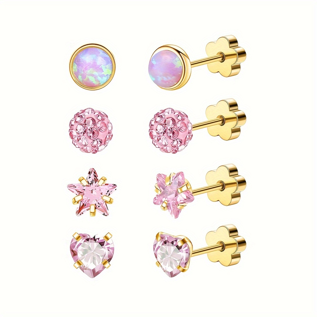 TEMU 4 Pairs Of Women's Anti-allergic Flat Back Earrings, Soft Bone Earrings Suitable For , Star Heart Opal, Screw Back Sleeping Earrings, Pink, Silvery Ab, Suitable For Men, Women And Girls