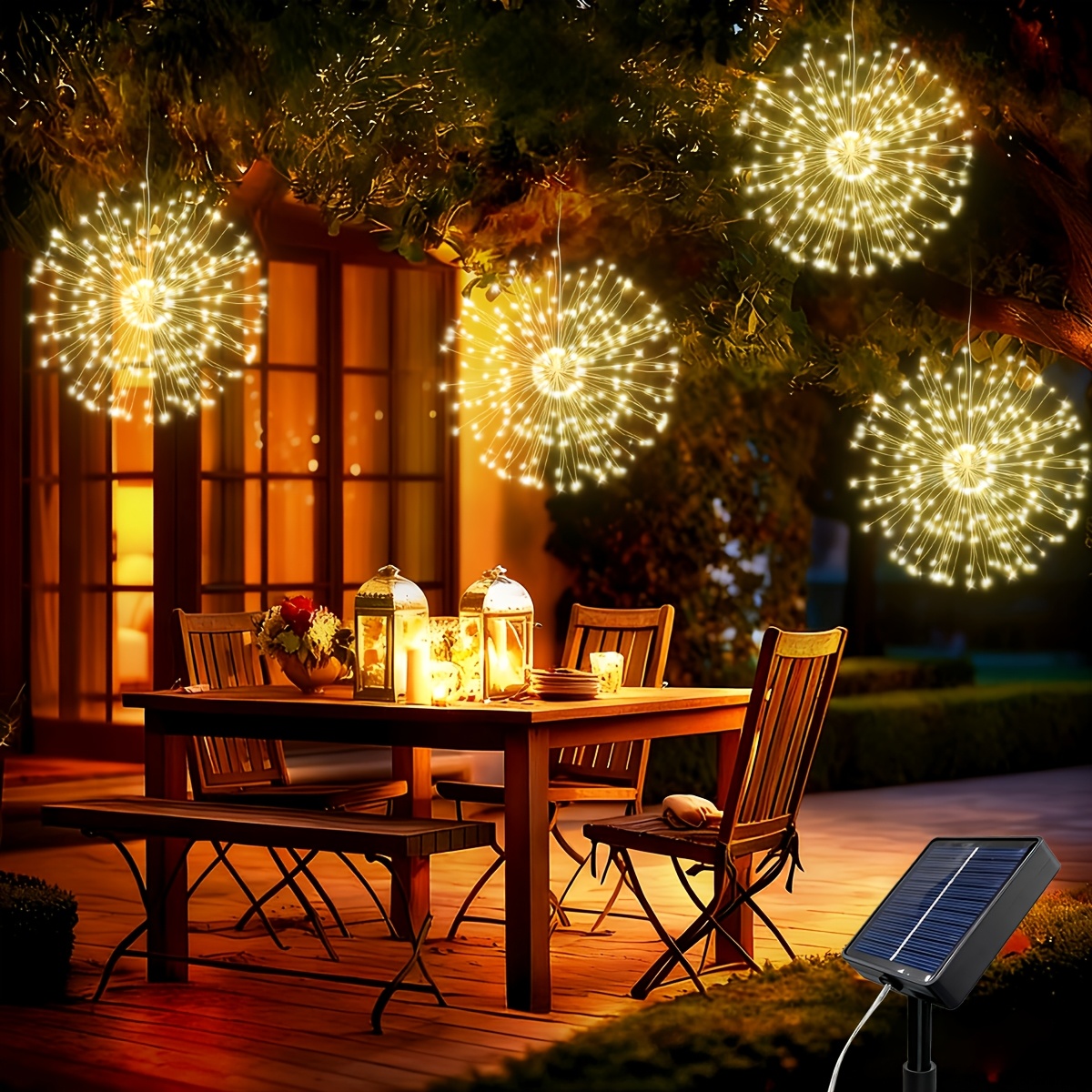 E-shop 4 Stück, Solarbetriebene Innen- Außen-Hängefeuerwerk-Lichter, Outdoor LED Kupferdraht-Lichterkette, 8 Beleuchtungsmodi, für Hof, Garten,