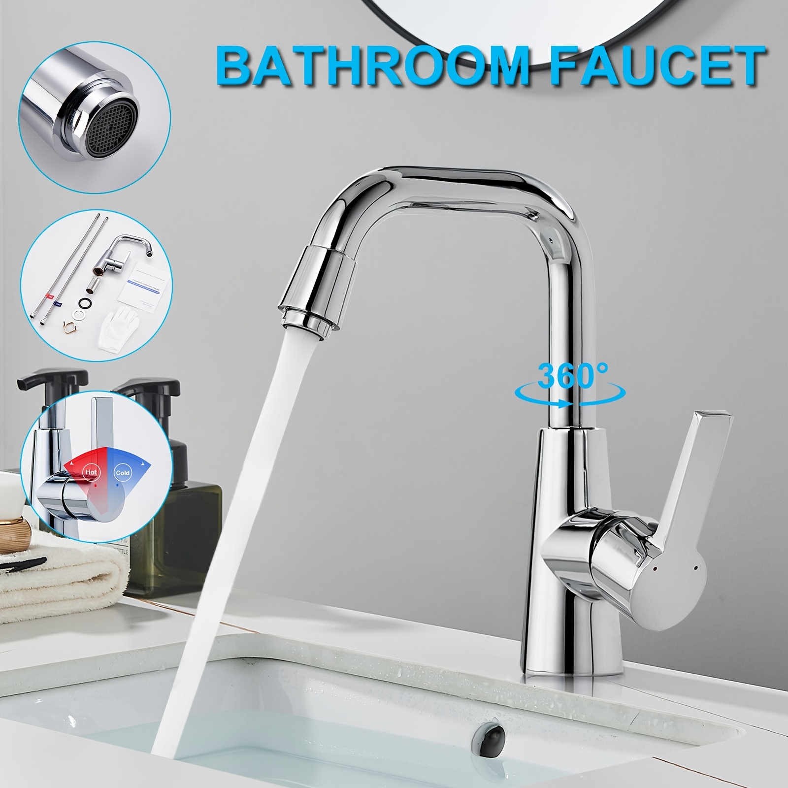 Image of Basin Mixer 360° Swivelling, Brass Chrome-plated Basin Mixer Bathroom Tap, Basin Single Lever Mixer For Bathroom And Kitchen