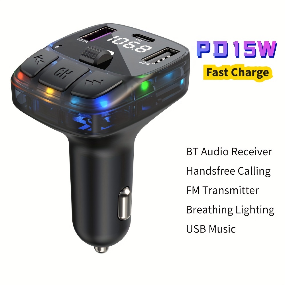 

Dual Usb Car Charger With Wireless 5.0, Fm Transmitter, Fast Charging, Led Lights, Mp3 Player & Audio Receiver, Type-c Port, Calling, Breathing Light Effect, , Portable Charger