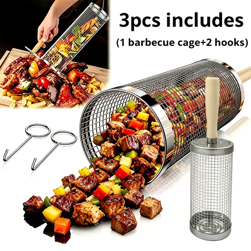 TEMU 3pcs Includes (1 Bbq Cage   2 Hook), With Handle, Stainless Steel Portable Bbq Cooking Grill, Bbq Tool Set, Stainless Steel Bbq Basket, Outdoor