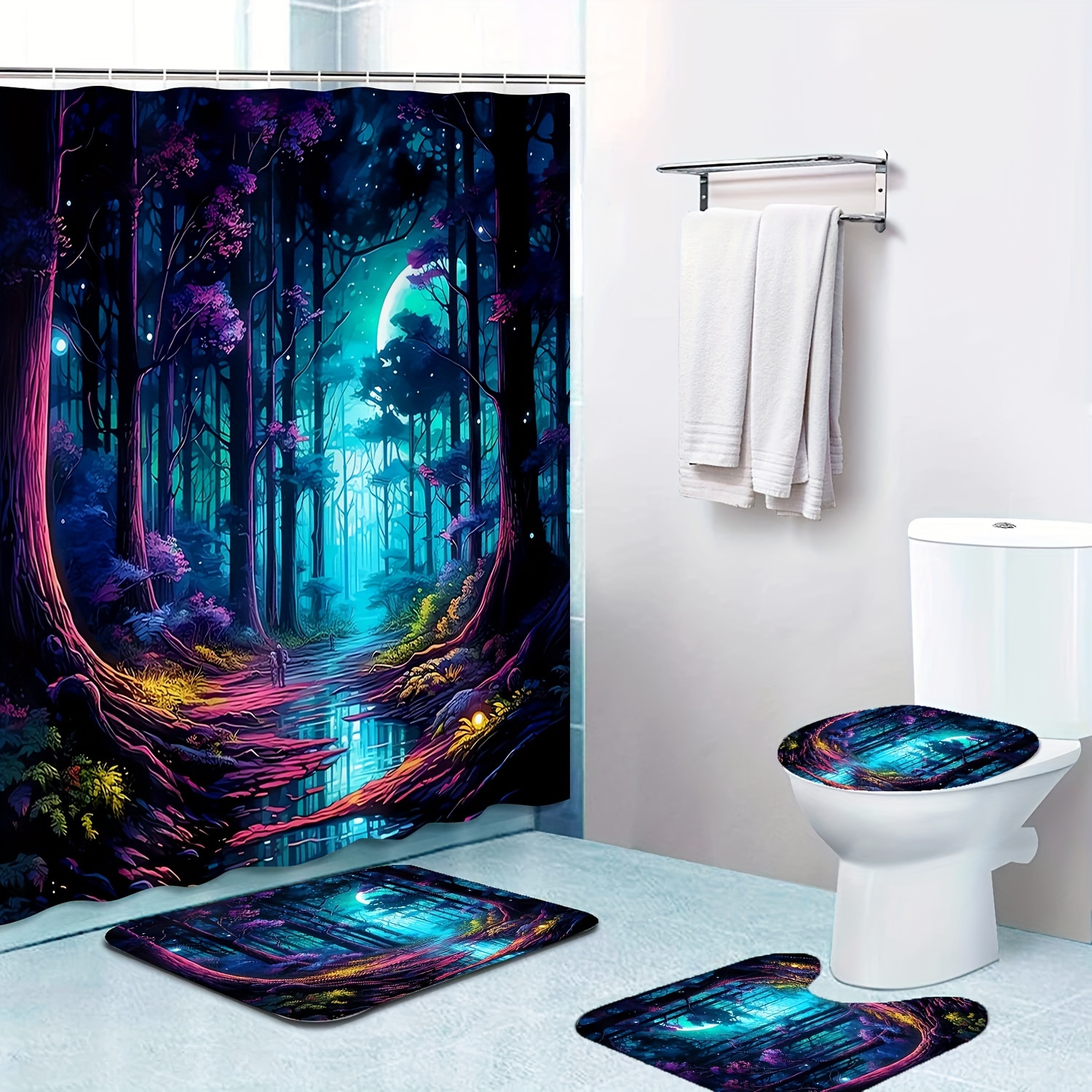 

1/4pcs Mystical Forest Print Shower Curtain Set, Shower Curtain With 12 Hooks, Non-slip Bathroom Rug, Toilet U-shape Mat, Toilet Lid Cover Pad, Bathroom Decor, Shower Curtain Sets For Bathrooms