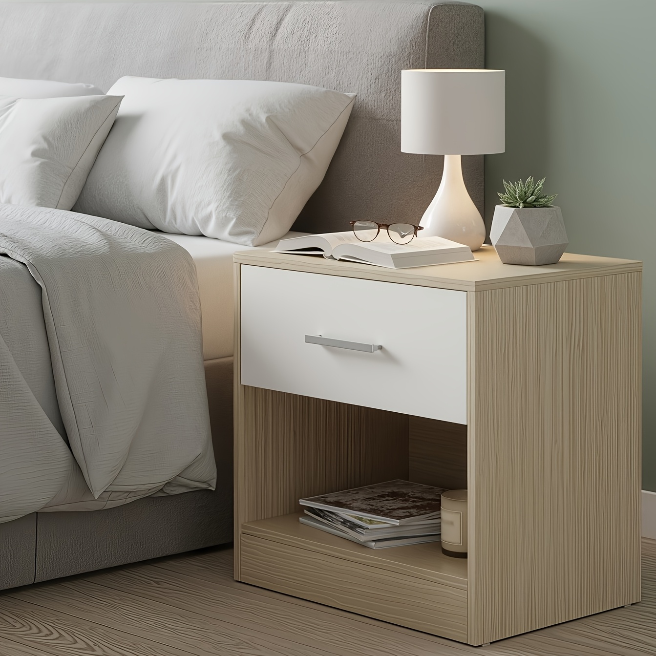 TEMU Classic Bedside Table With Drawer & Handle, Modern Minimalist End Table With Open Compartment, Sturdy Particleboard Stable Structure, Smooth
