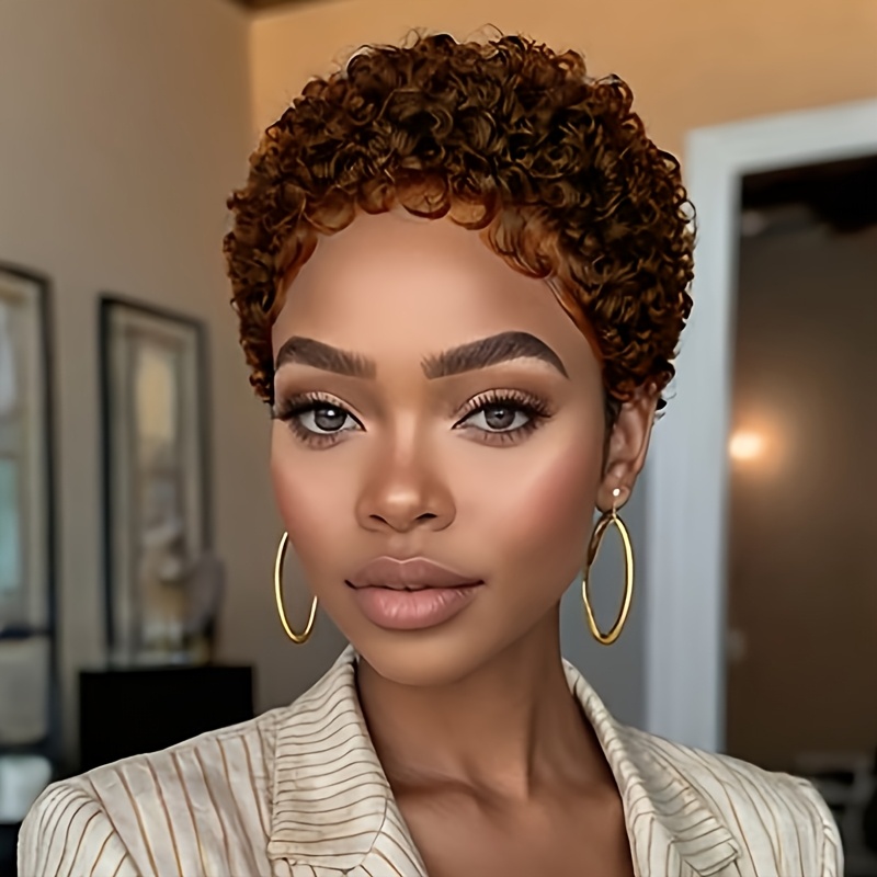TEMU Elegant Short Afro Curly Wig For Women - 120% Density Synthetic Brown Hair, , And Professional Looks, Everyday Wig | Curls Wig | Realistic Hairpiece, Wig Accessories