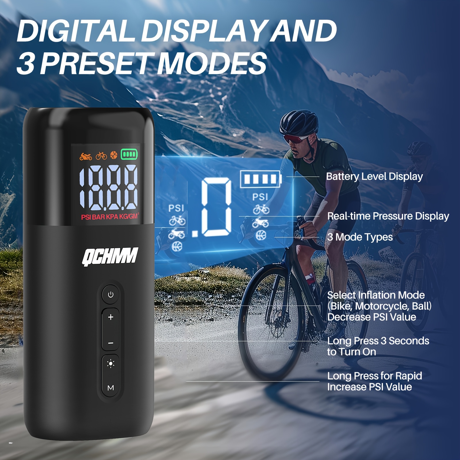 

Pompe Électrique Portable pour Vélo QCHMM - 150 PSI, Affichage en , Rechargeable par USB, Convient pour Vélos, Motos, Balles et Autres Gonfleurs