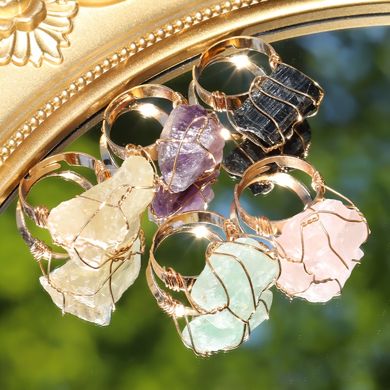 Boho Vintage Style Natural Stone Copper Rings Set