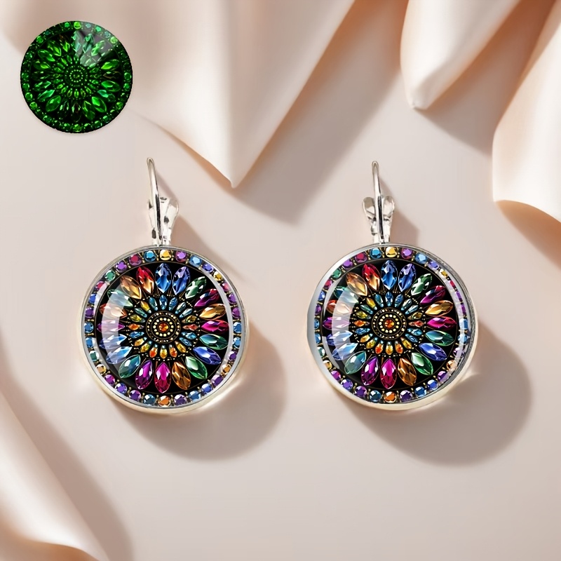 TEMU Pendientes de mandala fluorescentes - Estilo y en , aleación con incrustación de vidrio, perfectos para regalos y ropa diaria de moda para