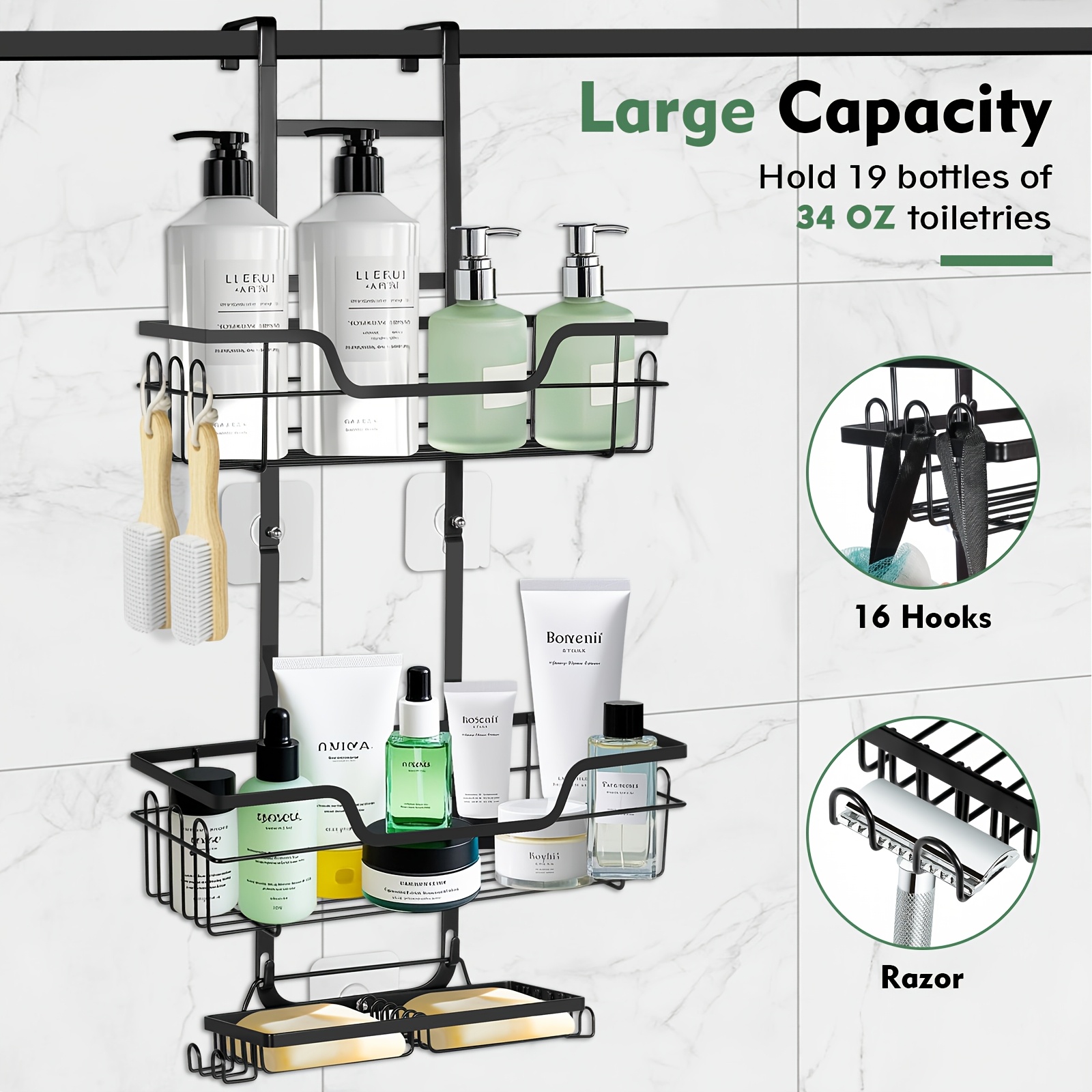 Image of Door-mounted Shower Stand, Rust-resistant Hanging Receptacle, Shower Basket With Suction Cup, Bathroom Shower Stand With Hook And Soap Dish On Door, No Drilling Required (3 Layers, Black)