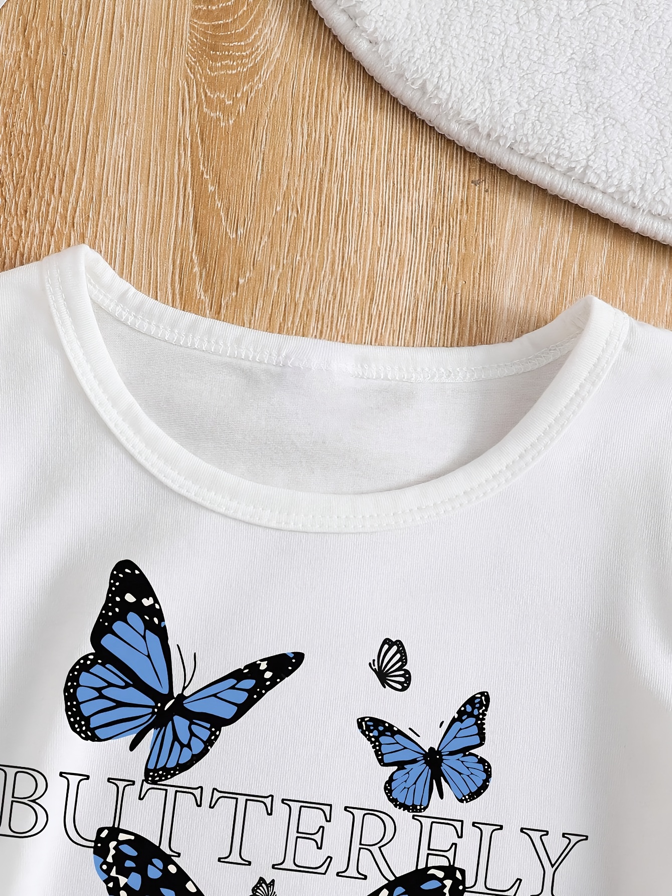 2pcs Set, Girls' Summer Short Sleeve Pants Outfit with Round Neck Bow Print Top + Imitation Denim Flared Long Pants in Contrast Colors for 8-12 Years Old, Perfect for Outdoor