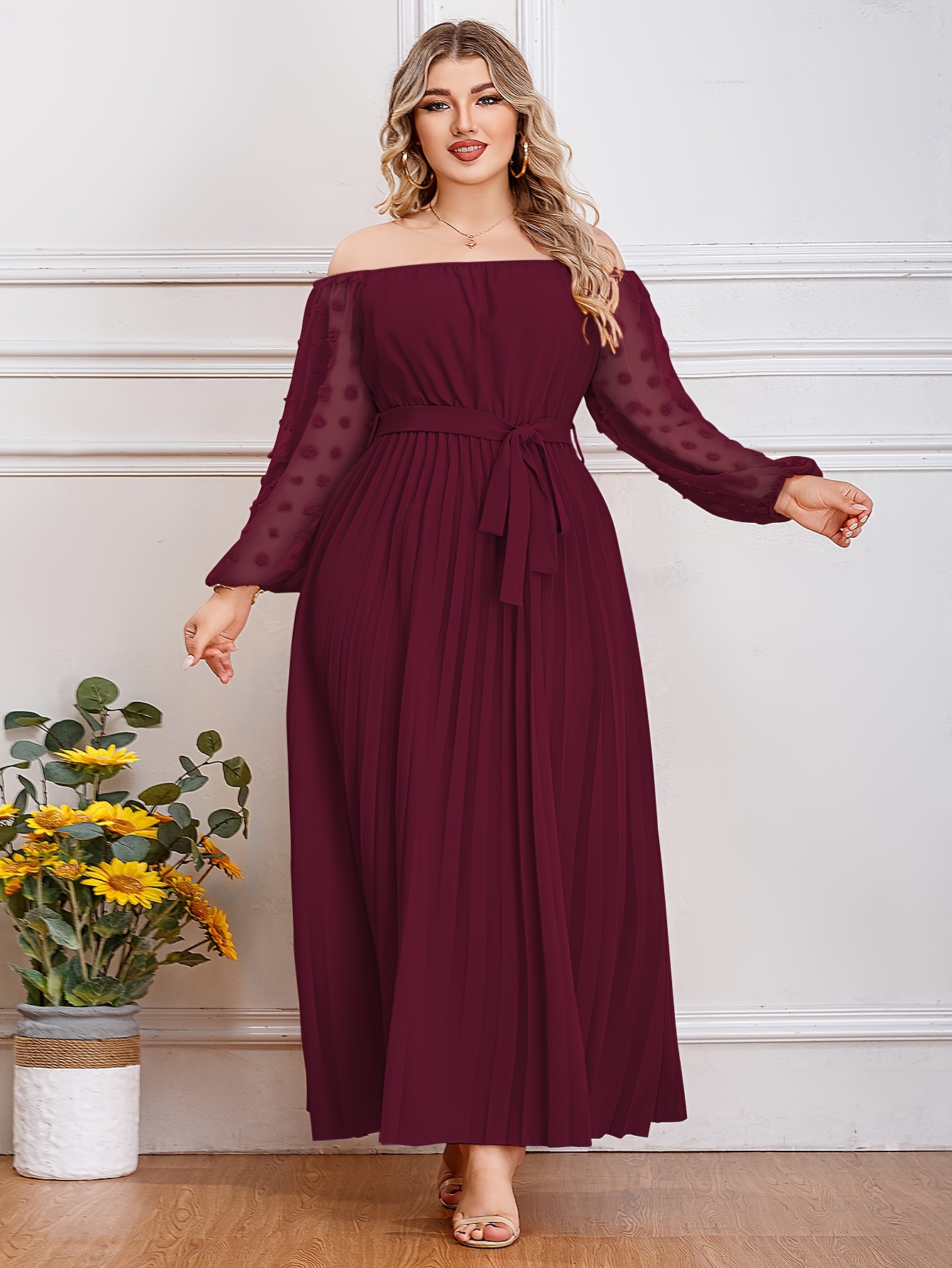 Plus Size Solid Pleated Hem Belted Dress Elegant Shoulder Temu United Kingdom