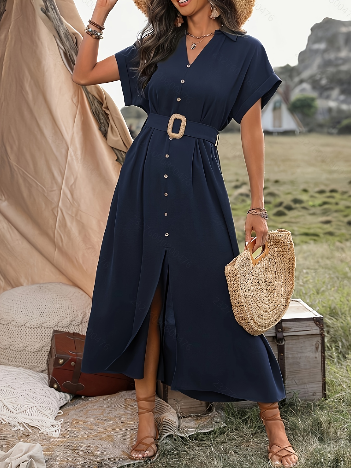 womens elegant navy blue a line dress belt long sleeve Temu Denmark