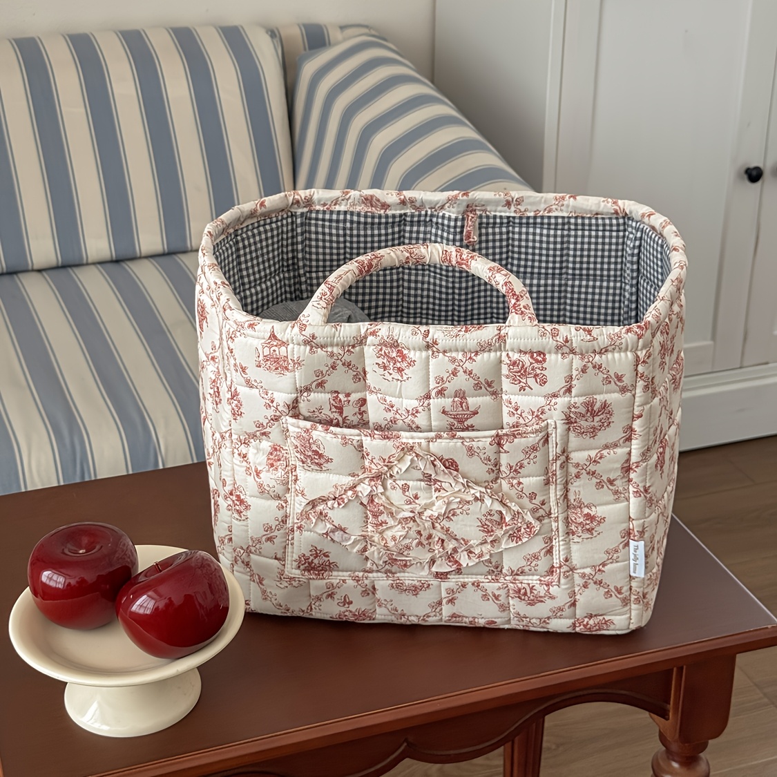 Image of French Style Floral Storage Basket With Carry Handle & Front Pocket - Foldable Organizer Bin Suitable For Clothes,, S,, Bathroom - Decorative Basket For Bedroom, Room, Home Organization, Shelf Baskets