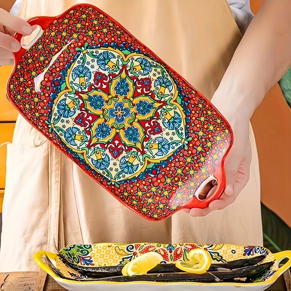 Bohemian Style Ceramic Fish Plate with Handles: X  Rectangular Serving Tray for Microwave And Oven Use