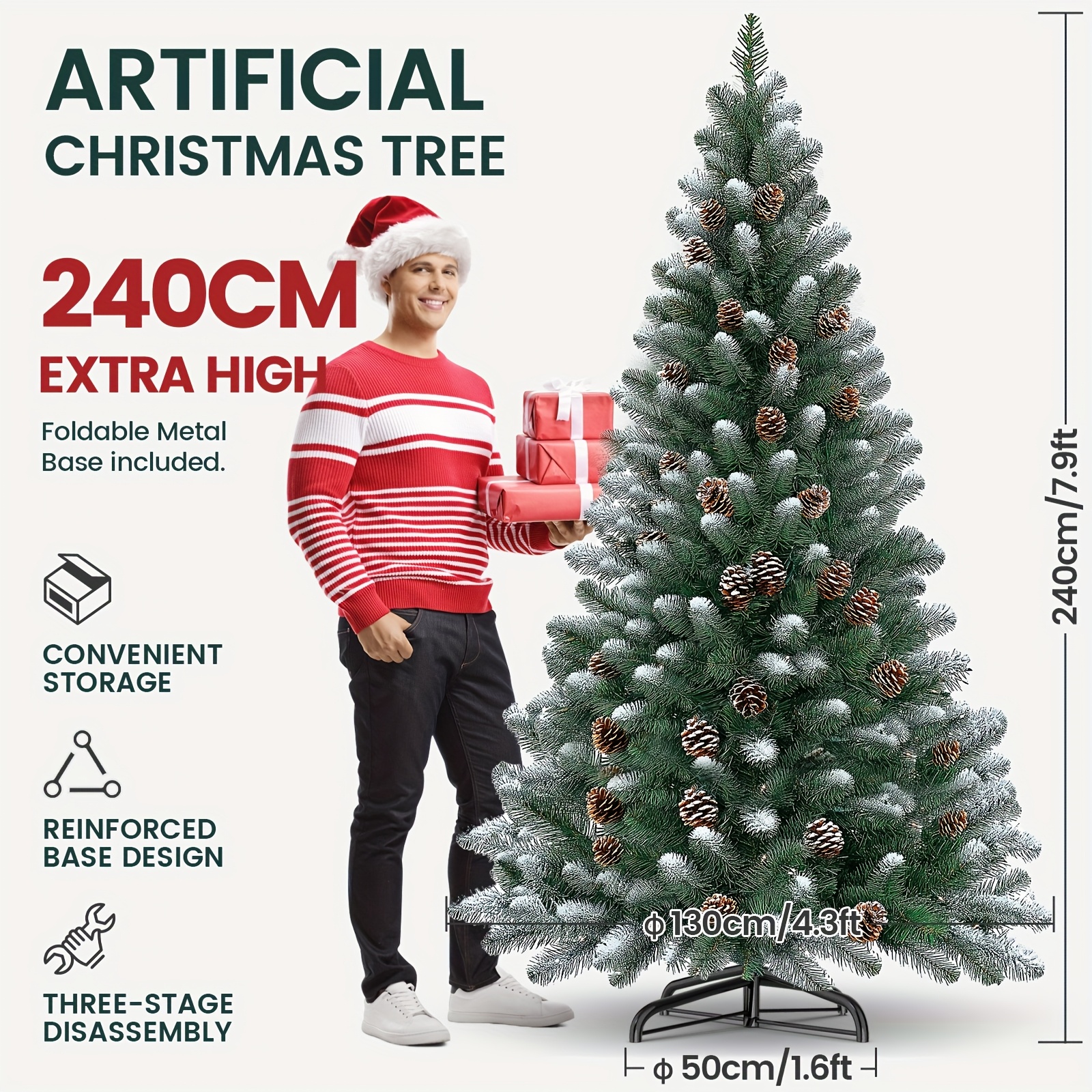 TEMU Árbol de Navidad Artificial GAMINGKNIGHT con Nieve y Piñas - 120CM-240CM - con Base Metálica, Árbol de Navidad Artificial Reutilizable con Nieve