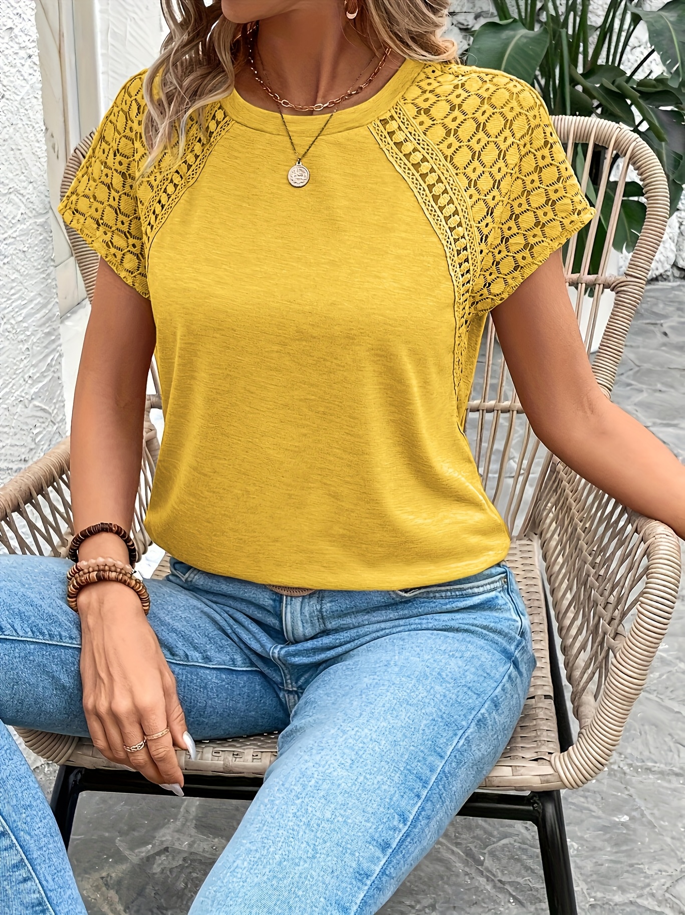 womens elegant solid color lace sleeve t shirt summer   blouse with breathable fabric machine washable versatile for casual formal outfits cropped tee style soft   ladies t shirts Product details 9
