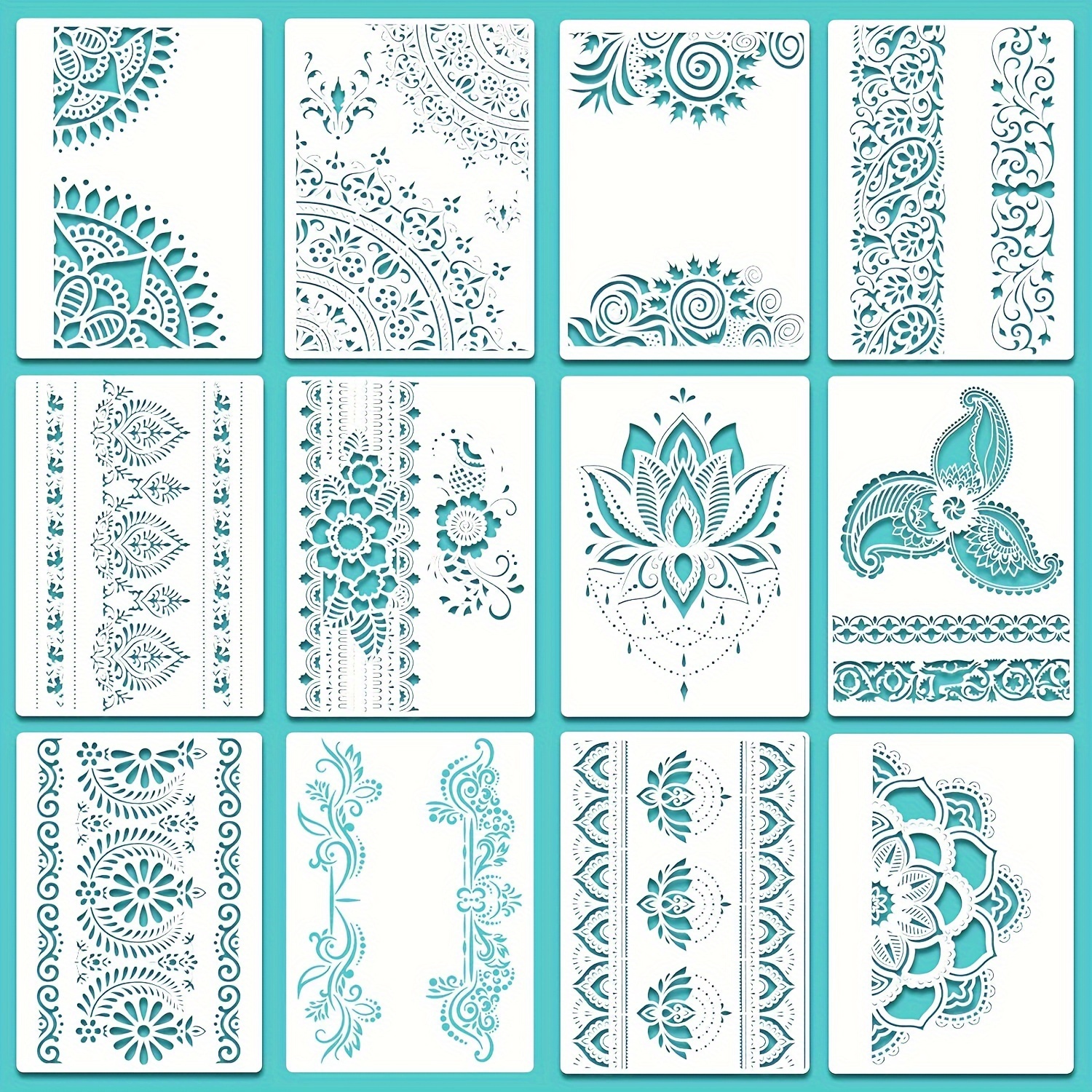 E-shop 12 Stk. Große Mandala-Schablonen - Wiederverwendbare 8.3x11.7" Blumenmuster für DIY Wand, Fliesen, Möbel & Leinwandgestaltung