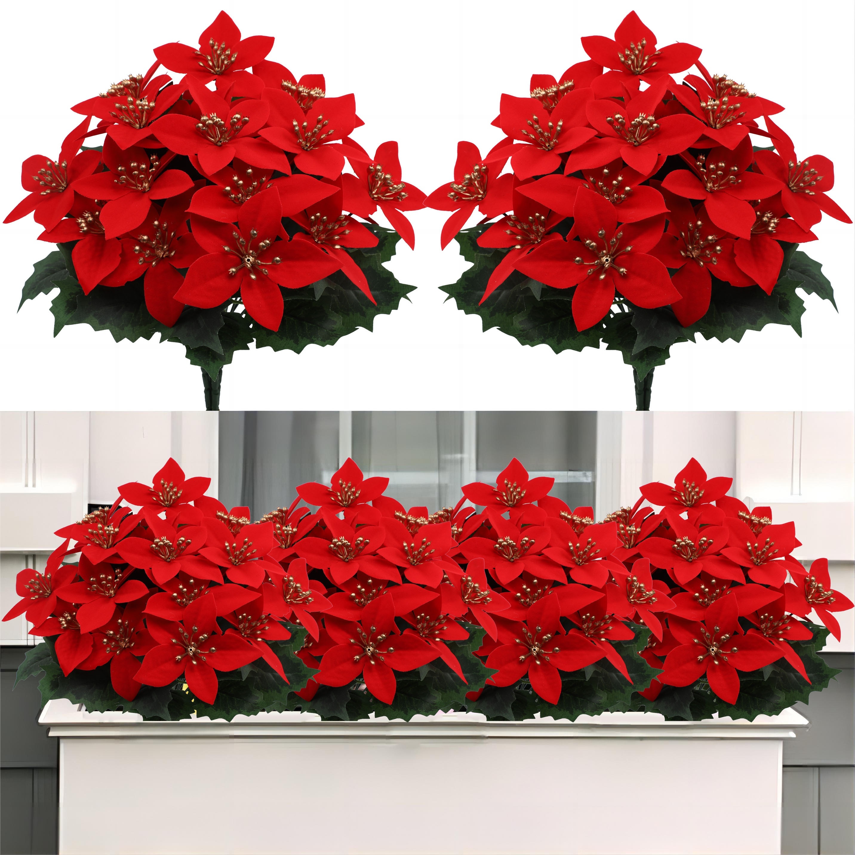 

2pcs/4pcs Simulation Flower Christmas Flower Poinsettia 5 Heads Flower, Artificial Shrub Poinsettia Flower Home Indoor Outdoor Christmas Tree Table Center Decoration Wedding Decoration