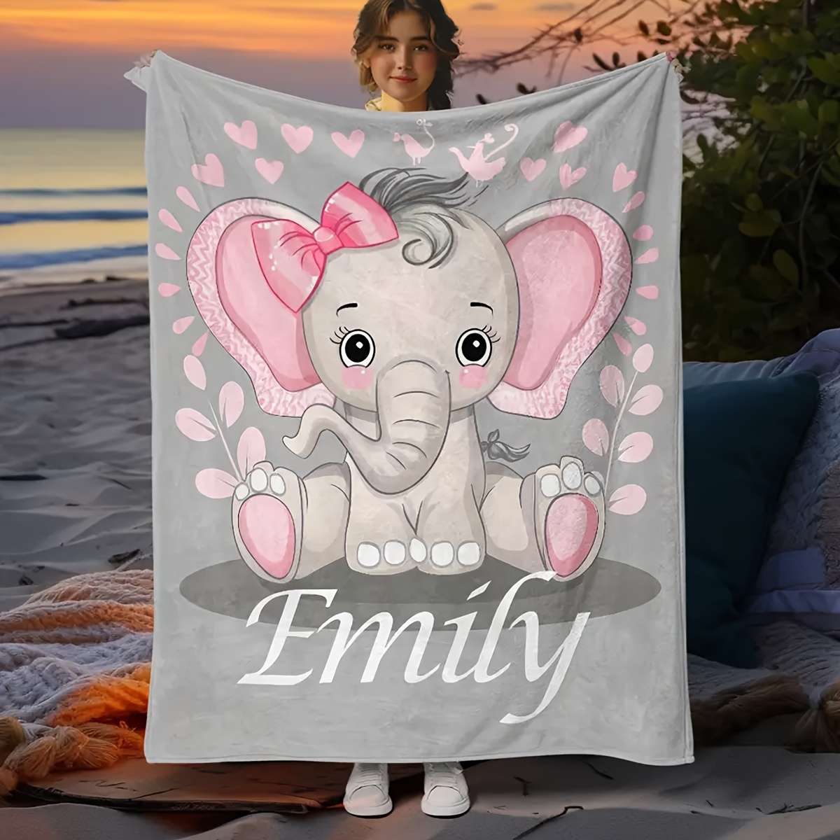 

Custom Cute Cartoon Elephant Flannel Blanket - Soft & Warm, Perfect For Sofa, Bed, Travel, Camping, Living Room, Office - Machine Washable, All-season Gift For Friends & Family