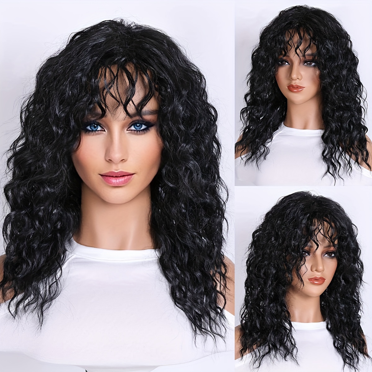 Curly Wig Long Black Human Hair Wigs With Bangs Long Wavy Curly