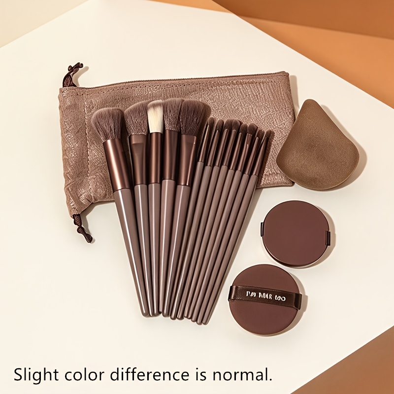 TEMU 17pcs Professional Makeup Brush Set, Includes 13 Brown Makeup Brushes + 2 Round + 1 Triangular + Storage Bag, Soft And Fluffy Foundation Makeup