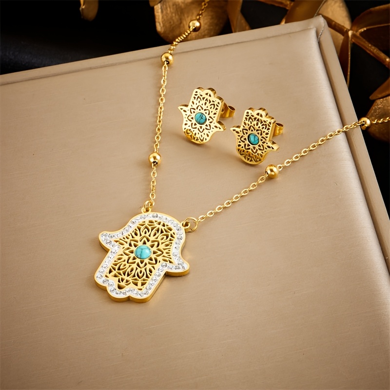 TEMU Stainless Steel Jewelry Set With Hollowed Out Palm Necklace Earrings Women Trendy Jewelry Gifts Party Jewelry