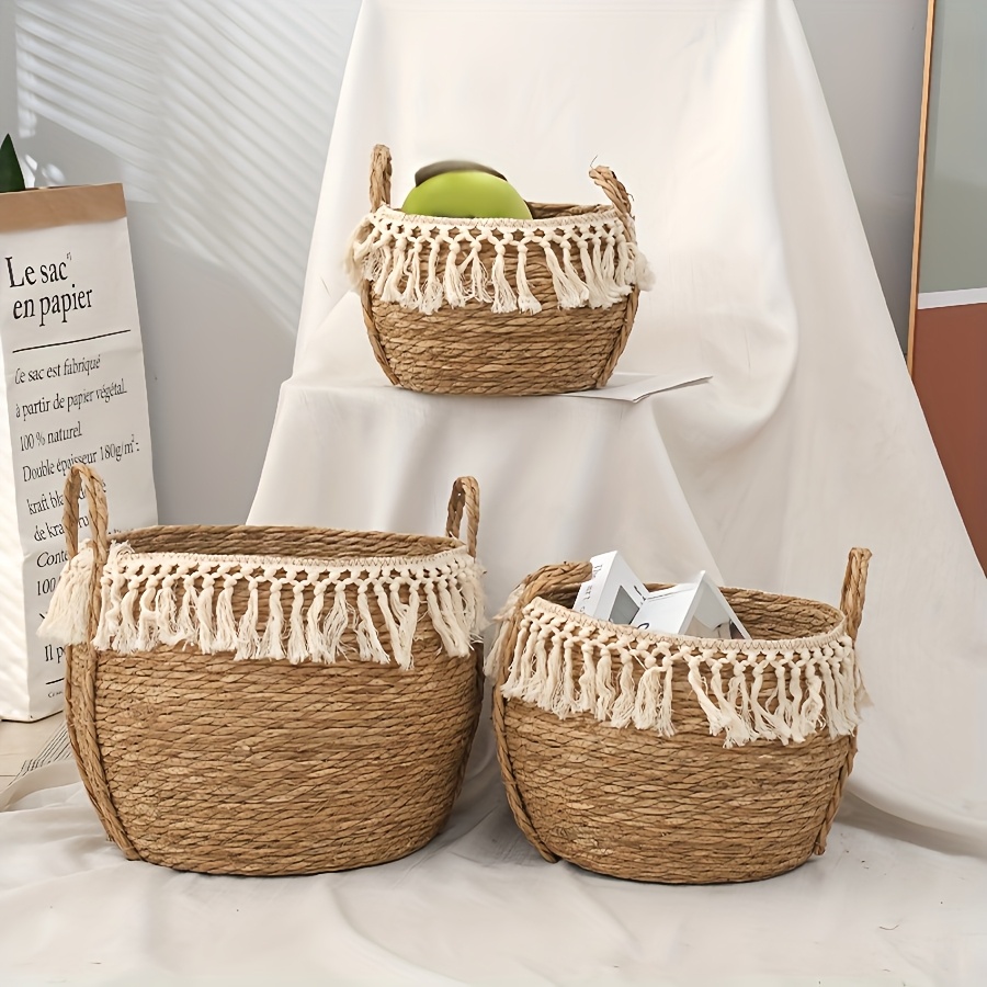 3pcs Round Storage Baskets designed with Lace, Natural Decorative Braided Rope Baskets with Handles for Shelves Blankets Organizing, Storage Basket Planters, Boho Decor for Entryway, Living Room, Bedroom, Fall decorations for home, Laundry Baskets