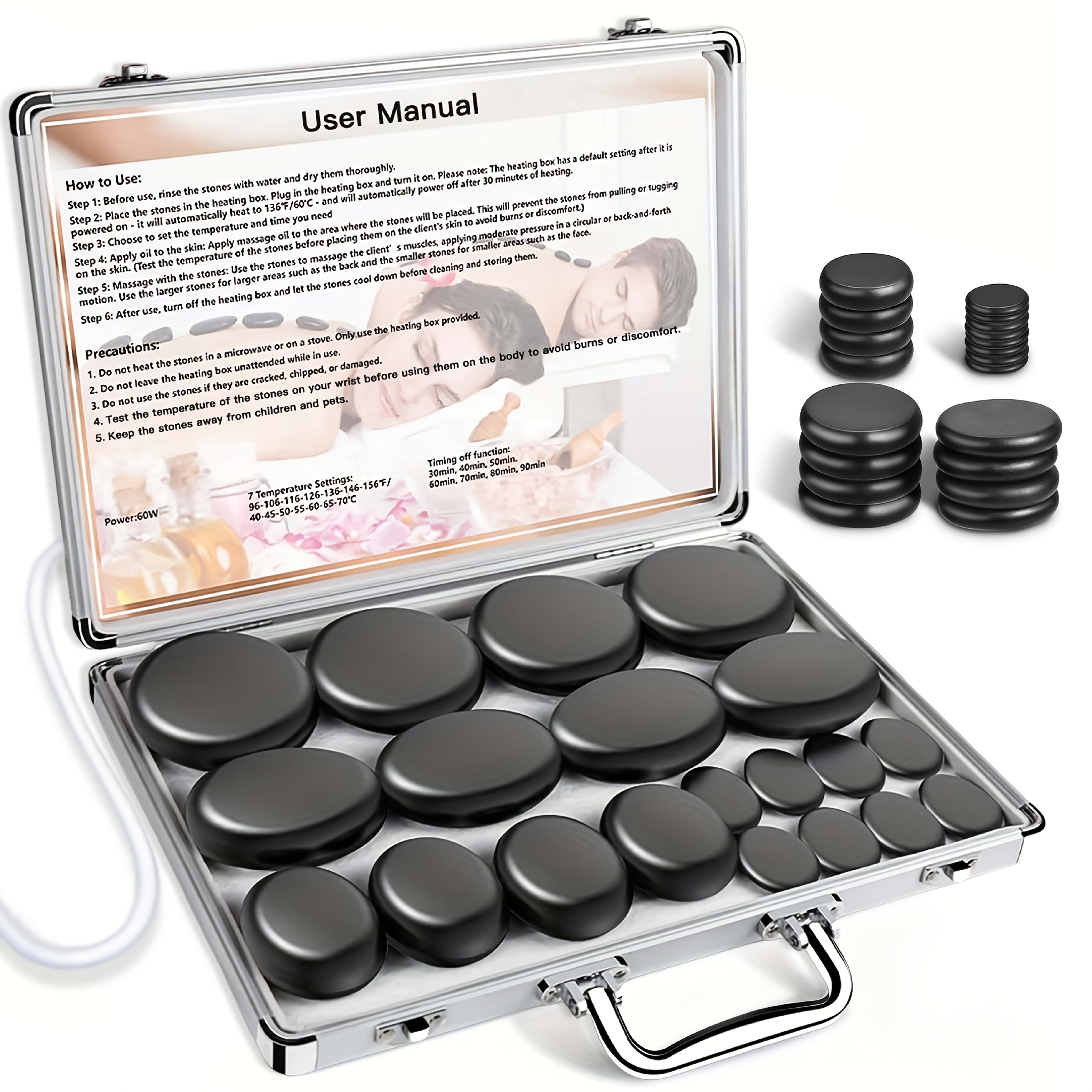 Kit de Masaj cu Pietre Fierbinți cu Control al Temperaturii - Set de 10 Pietre de Bazalt cu Încălzitor / Set de 20 Pietre de Bazalt cu Încălzitor, Unelte Profesionale de Masaj Spa pentru Gât, Spate, Abdomen, Picioare și Masaj Corporal Complet