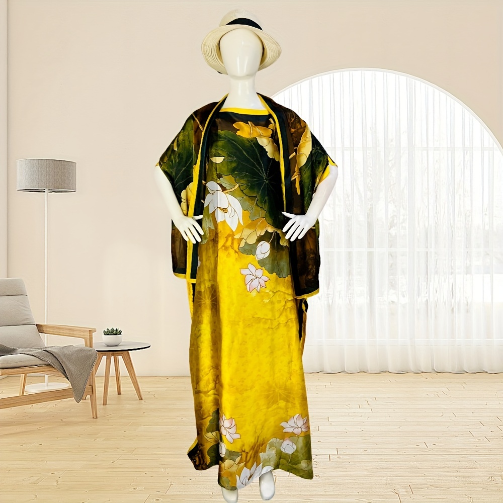 

2pcs Vintage Style Floral Print Beach Kaftan & Scarf Combination, Loose Long Robe, Vintage Thin Shawl, For Resort Wear