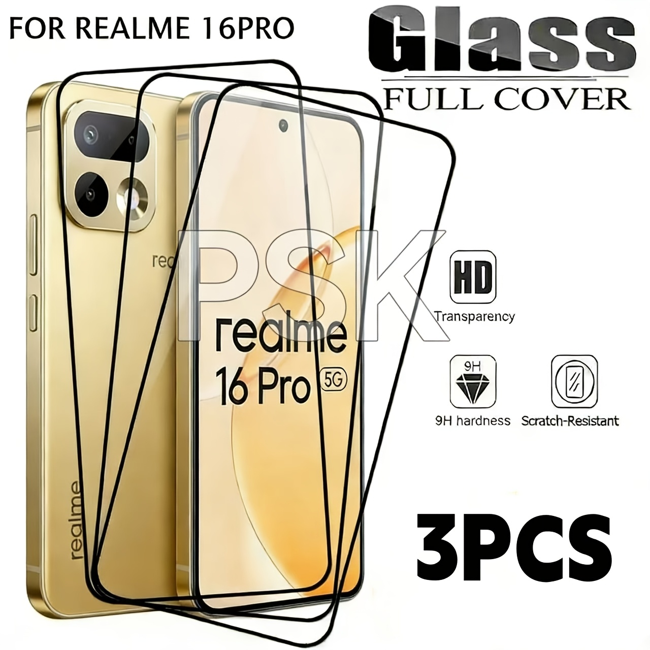 TEMU [3 piezas] Para Realme 16 Pro 5G. 3x Cristal templado 9H, acabado HD. Antiarañazos, -, diseño de fino . Sin , ajuste , de sensibilidad.
