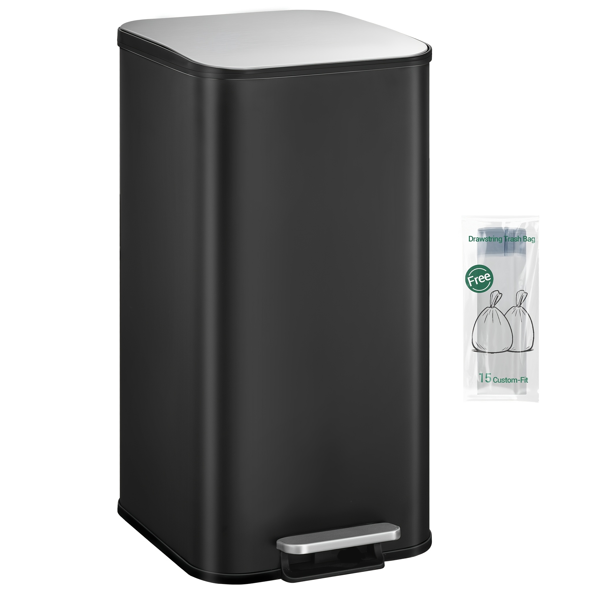 Kitchen Trash Can, 40-liter Trash Can With Foot Pedal, Pedal Trash Can With Lid And Inner Bucket, Kitchen Trash Can With 15pcs Trash Bags