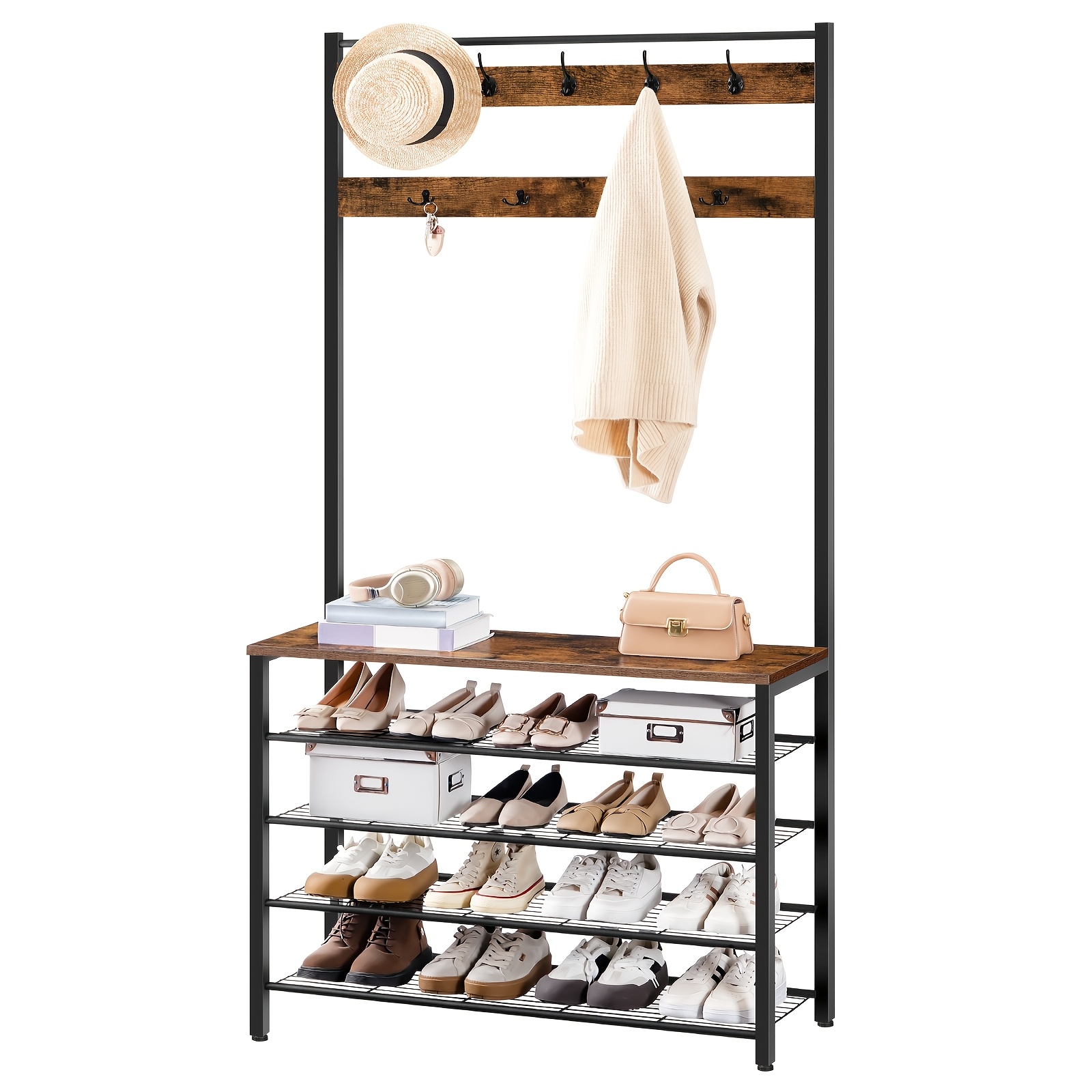 Ironwood Clothing Rack, Garment Storage Rack With Five-layer Shoe Rack, Hat Rack With Shoe Storage, 5-layer Shoe Storage Rack And Coat Rack