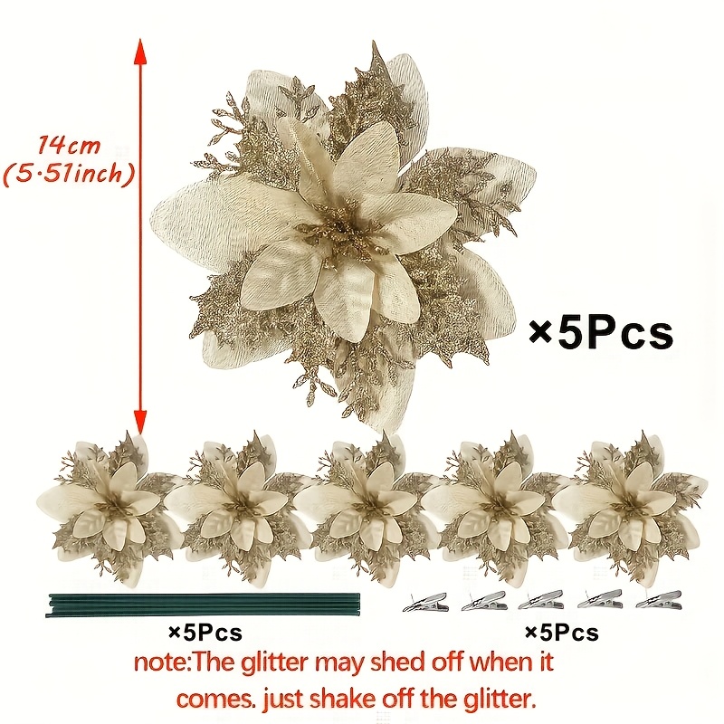 TEMU Set da 5 pezzi di fiori natalizi con clip e , fiori artificiali natalizi rossi e dorati da 5,5 pollici, ornamenti riutilizzabili per albero di