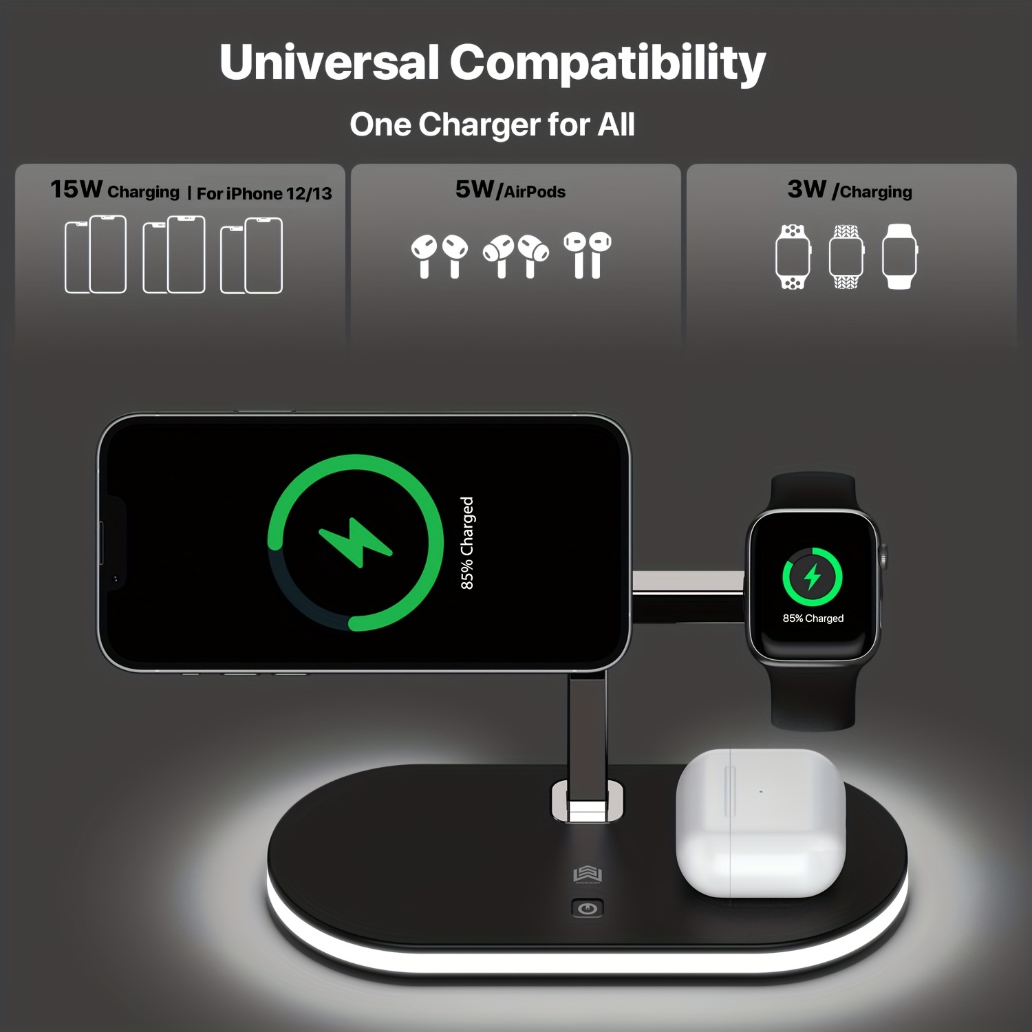 

3in 1 Charging Station With Three-level Night Light, Wireless Charger Station For Iphone 16/15/14/13/12, Apple Watch /7/se/6/5/ultra And Airpods Pro/3/2, Best Gift !