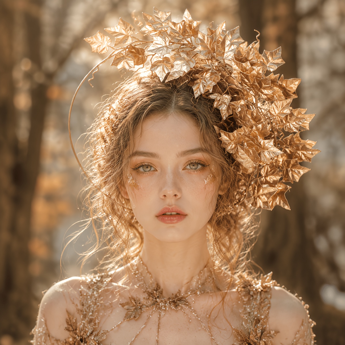 TEMU Golden Maple Leaf Pendant Double Halo Headpiece Style Crown Fairy Headband Suitable For Wedding Photography, Renaissance Role-playing Women's