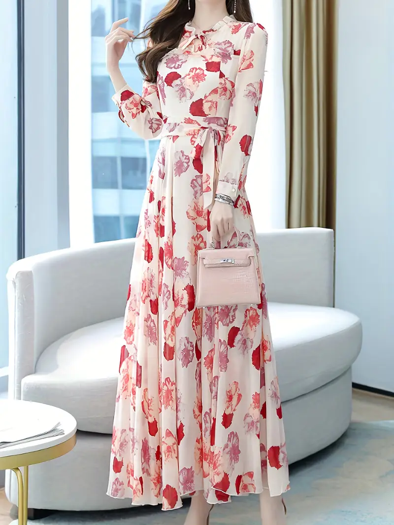 a romantic of spring flowers retro bohemian inspired elegant floral patterned long sleeved belted printed dress Product details 3