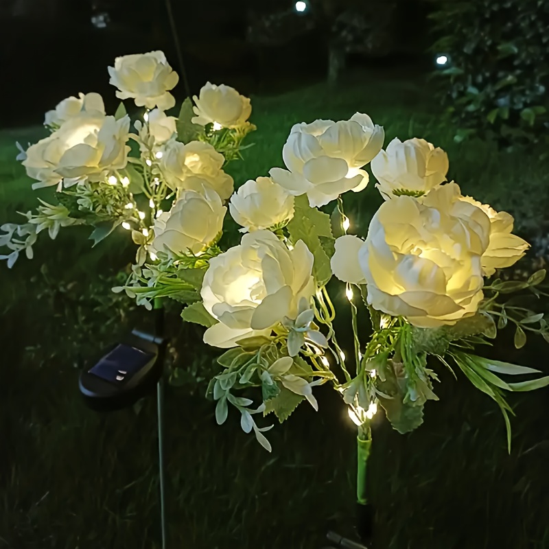 2pcs Solar-powered 7-head Rose Flower Lights, Led Outdoor Artificial Flower Lights, Solar Garden Lights For Outdoor Decoration, Yard, Pathway, Backyard, Lawn Stake Lights
