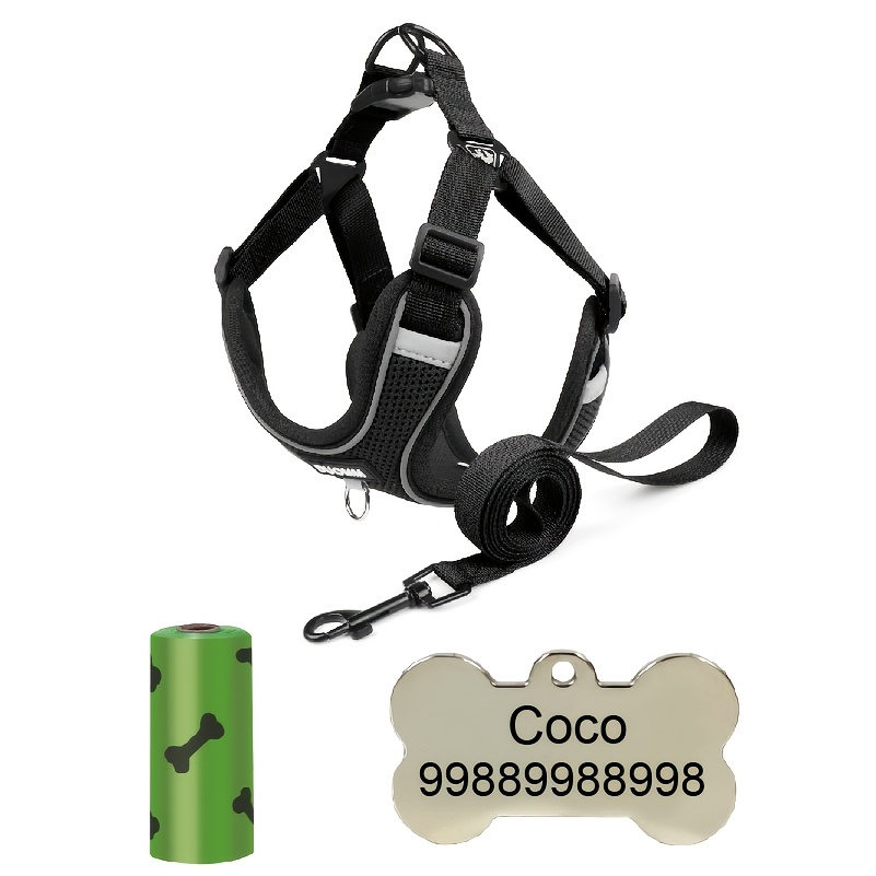 4pcs Set Pet ID Tags and Breathable Dog Harness