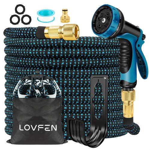 lovfen expandable flexible garden water hose with 10 function spray nozzle blue