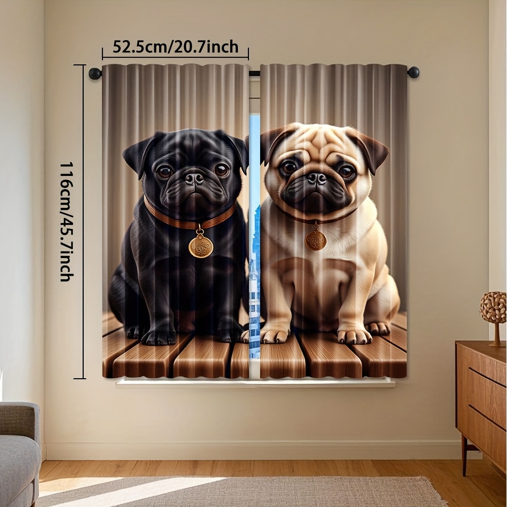 TEMU 2pcs Artistic Cute Pug Design Curtains - 100% Polyester Light Filtering Rod Pocket, Hd With 2 Adorable Pugs (black & Tan) For Bedroom, Living