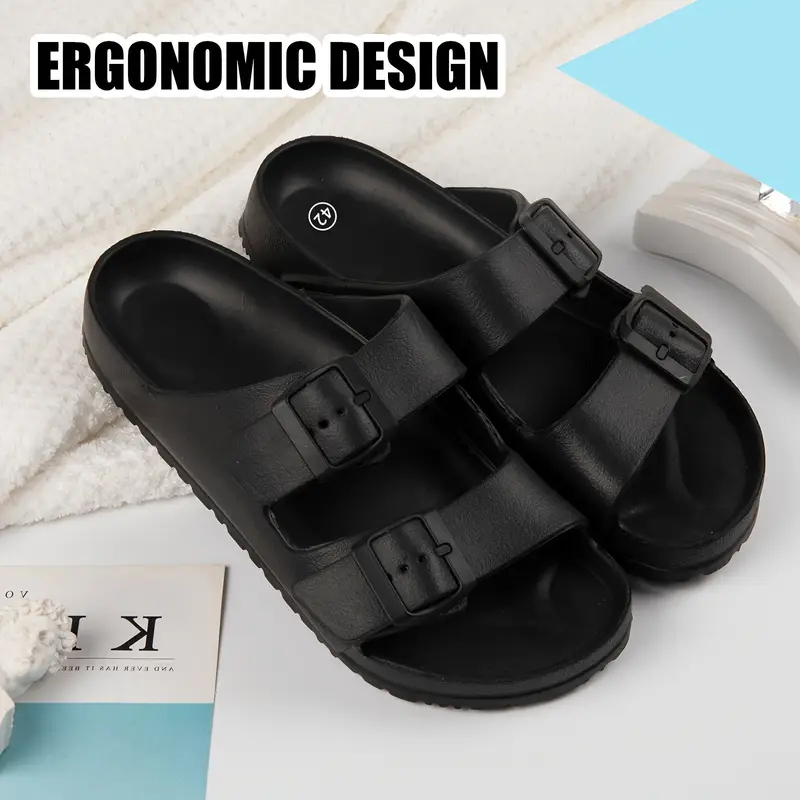 eva solid color sandals platform slip on soft sole double bands slides non slip beach slides Product details 1