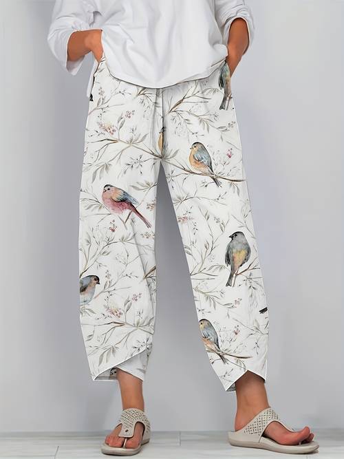 pantaloni con stampa facile, caratterizzati da tasche casual e elastico in vita per donna