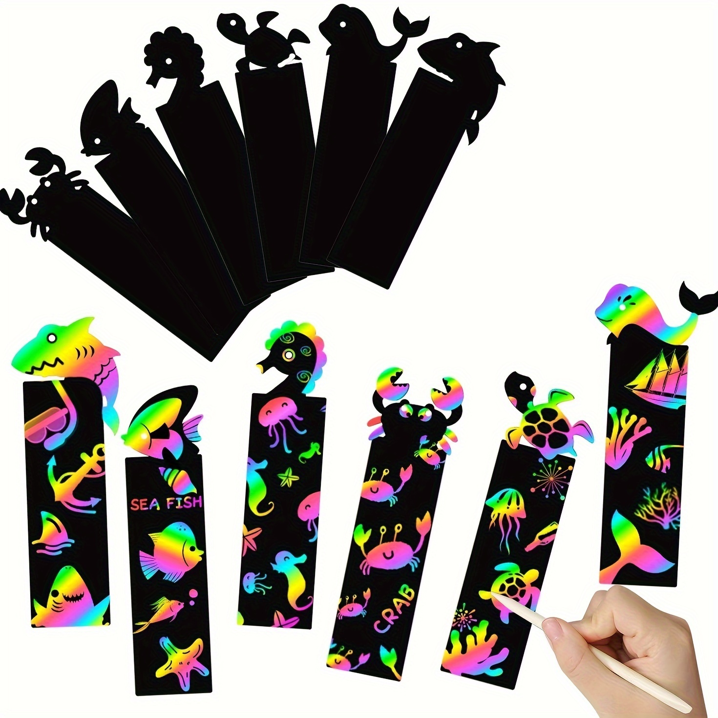 

24pcs/set Rainbow Scratch Paper,sea Animal Theme Diy Magic Color Scratch Bookmarks,for Party Favor,birthday Gift,,holiday,contains Bamboo Pen,gifts Decoration Diy Painting Scratching Craft