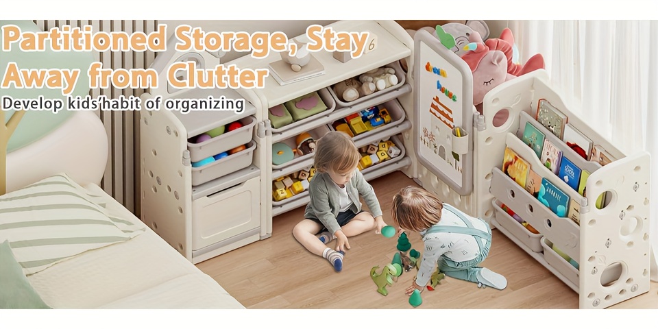 A Versatile Storage Solution for Featuring 10 Detachable Bins And a 3-Tier Bookshelf, Serving As a Multifunctional Organizer with a Drawing Board, Perfect for a Bedroom, Playroom, Or Living Area