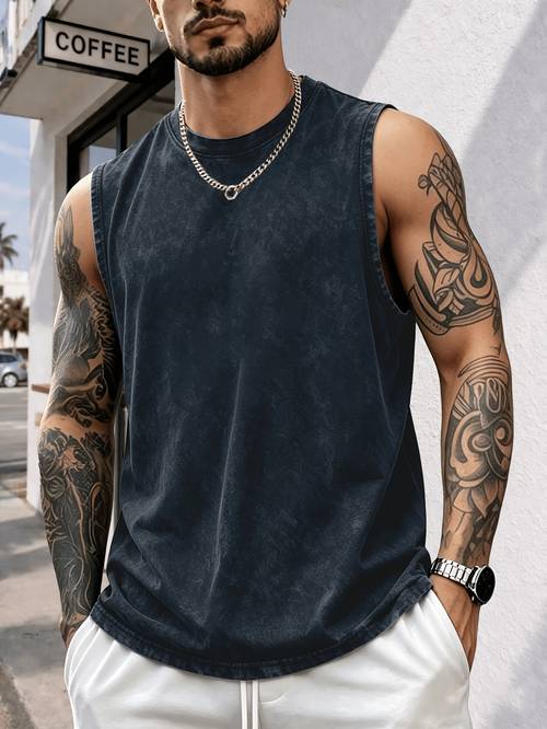 mens washed distressed daily casual sports tank top comfortable and breathable summer fitness running fashion sleeveless graphic vest vintage trendy print pure cotton european and street hip hop style loose be used