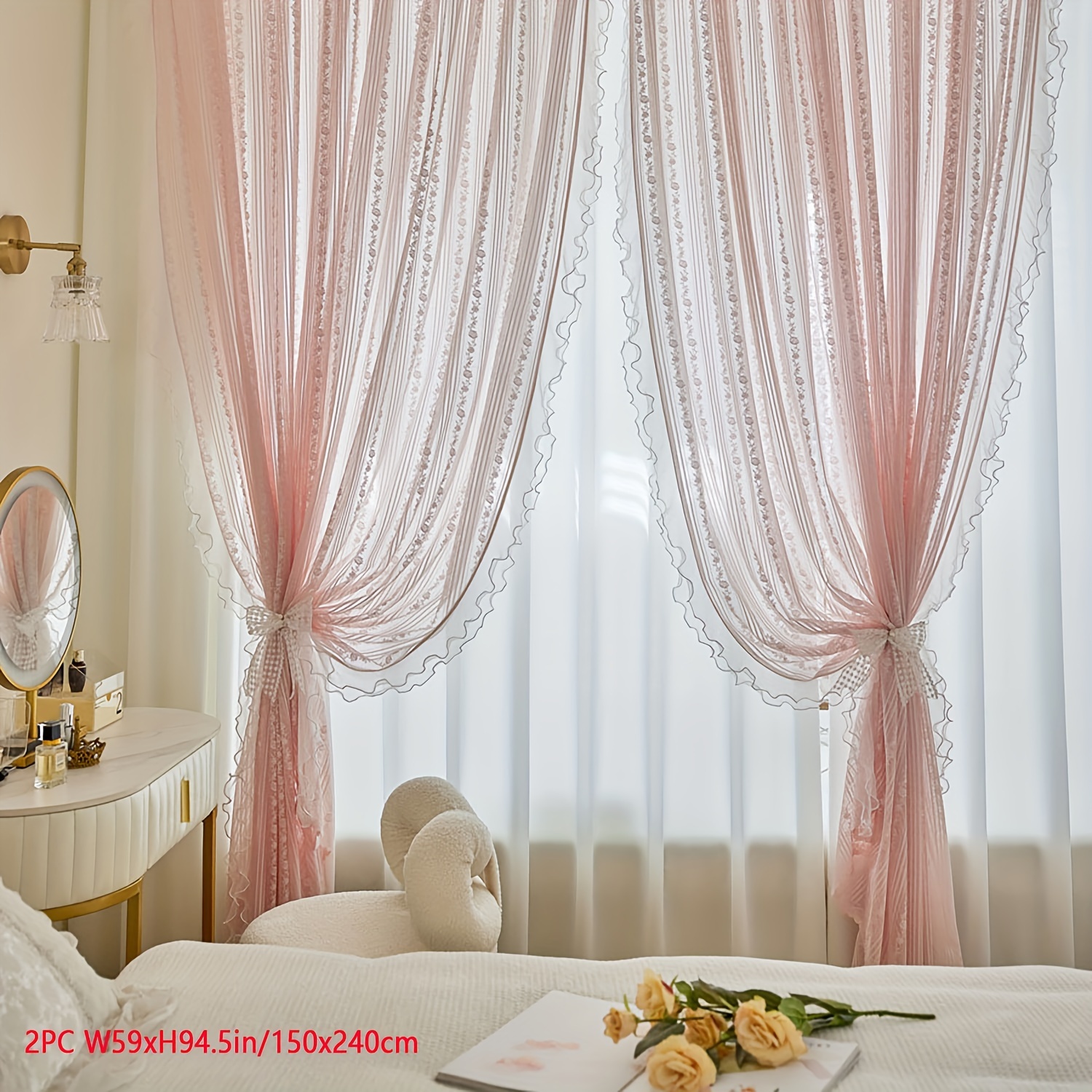 Image of 2pcs Lace Tulle Ruffle Curtains,double Layer Beaded Ruffles Sheer Curtains Romantic Window Decorative Curtains For Living Room, Office Home Decor
