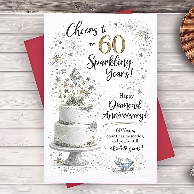 TEMU 1pc Greeting Card Diamond 60th Anniversary Card Elegant Glitter Cake Design For Husband Wife Parents Milestone Celebration Party Keepsake Flat